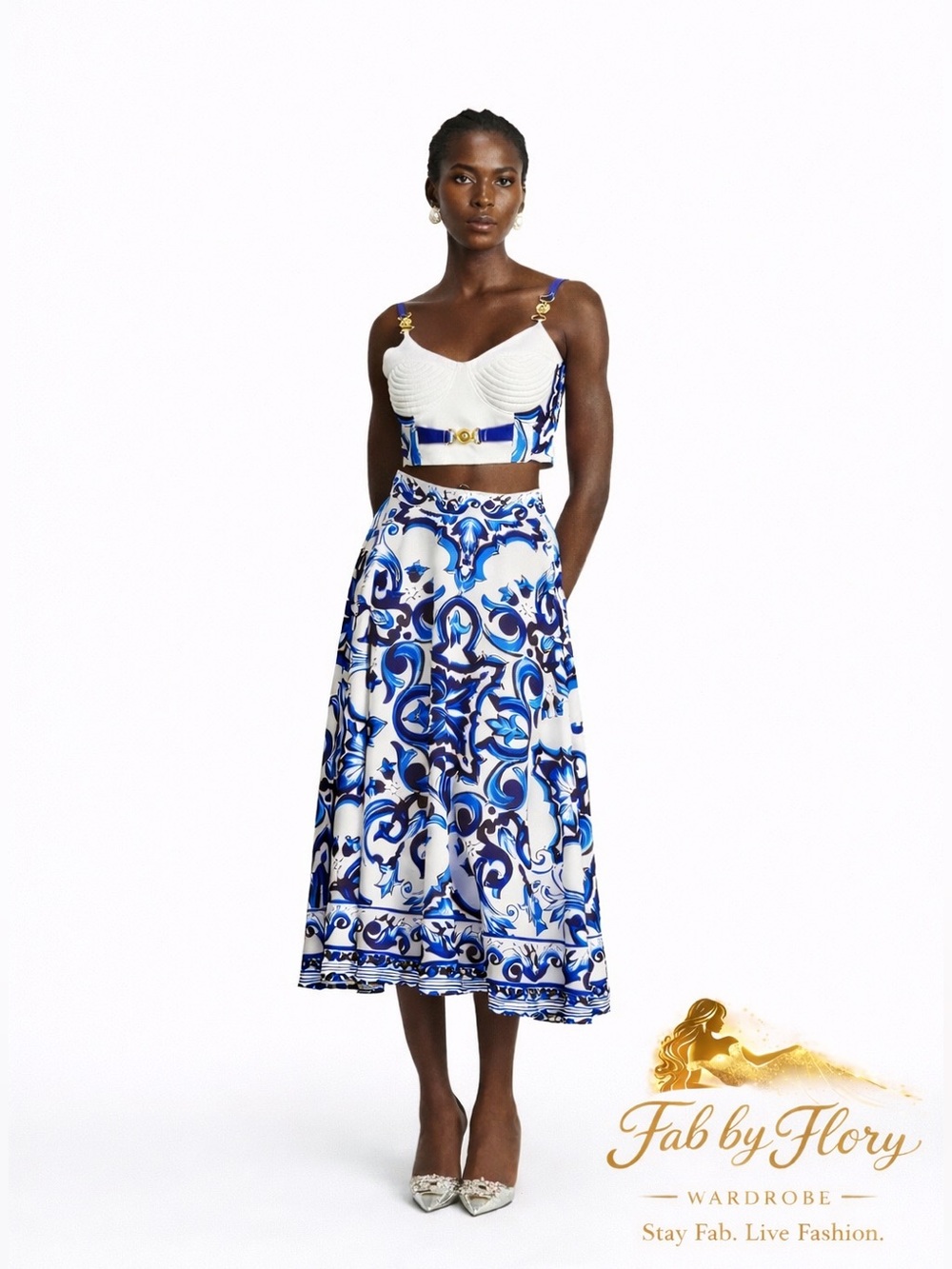 YS Blue & White Baroque Bustier Midi Skirt Set- Runs Small Check Measurements